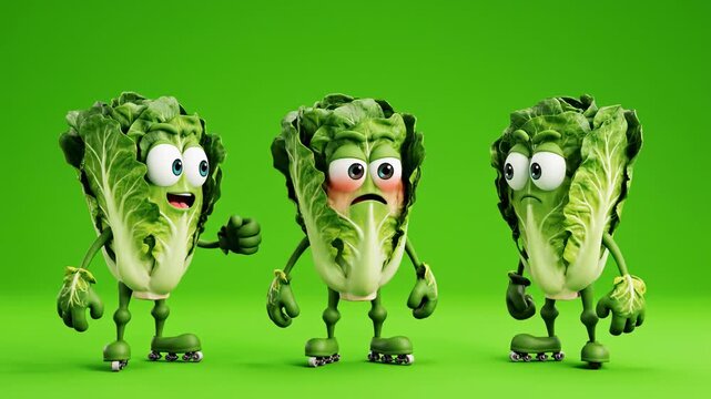 Animated lettuce characters on roller skates expressing varied emotions against a green background ideal for healthy food promotion