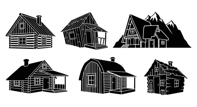 Black  White Line Art Log Cabins and Mountain Houses Vector Set