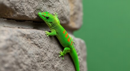 Fototapeta premium Close-up of Green Leaf Toothless Gecko on Stone Wall with Nature Background