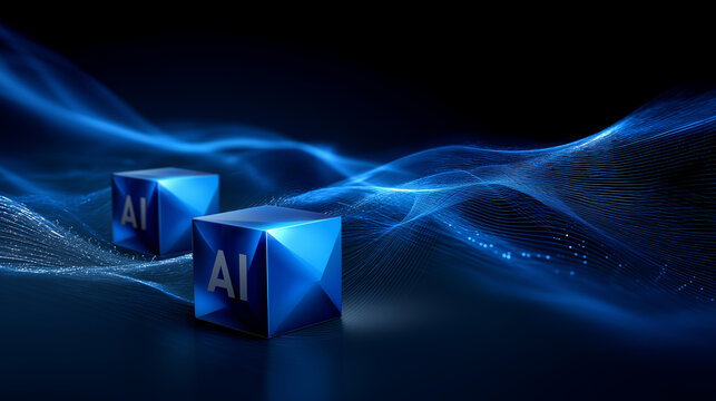 Three blue cubes with AI letters floating in space surrounded by waves and lines on a dark artificial intelligence background, with copy space