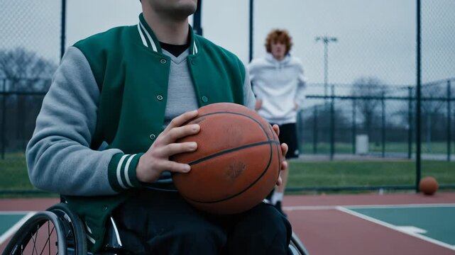 Wheelchair basketball player holds ball on outdoor court with friend nearby. Disabled athlete practices basketball on court. Player in wheelchair with basketball. Sport activity at outdoor court.
