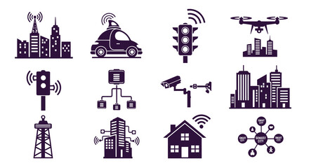 Fototapeta premium Smart City Icons - Technology, Transportation, Infrastructure, IoT, Glyph Style