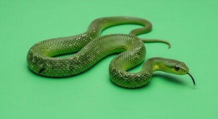 Fototapeta premium Close-up of Green Snake on Bright Green Surface with Focus on Textured Scales