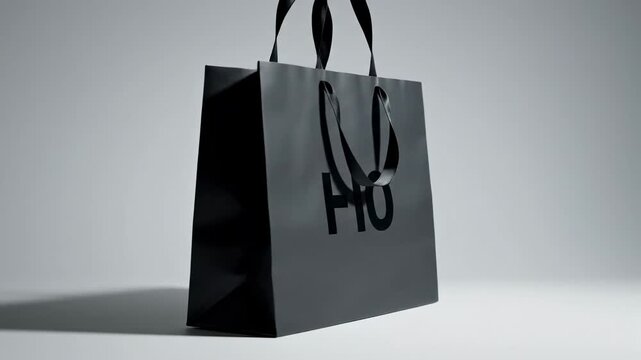 Video of branded shopping bag display featuring animated logo appearance and minimal background, professional product packaging showcase for boutique and online store campaigns.