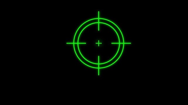 Glowing neon target icon animation on black screen. Neon aims cross, target search and aiming animation. Crosshair, gun aim, sniper target concept.animation 4k Quality full video.