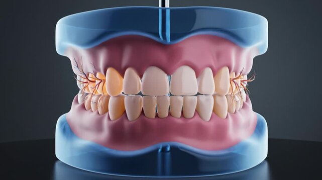 Periodontal Tissue Recession Concept shown through a semi-transparent 3D dental arch model suspended in a minimal studio environment, gingival tissue gradually lowered along the tooth surface to
