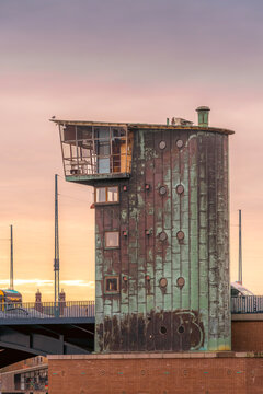 Langebro Bridge Control Tower, Weathered Green Copper Facade, Mid Century Functionalist Architecture