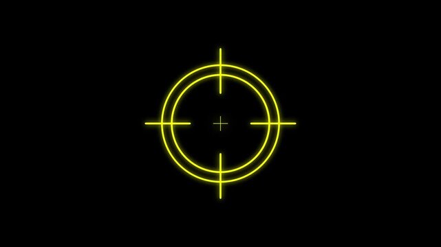 Yellow Neon Crosshair Target on Black Background reticle. Military training, Military target icon animation. Crosshair, gun aim, sniper target concept.animation 4k Quality full video.