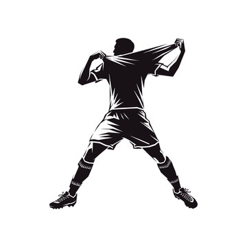 Soccer striker holding shirt goal celebration silhouette powerful football player vector graphic
