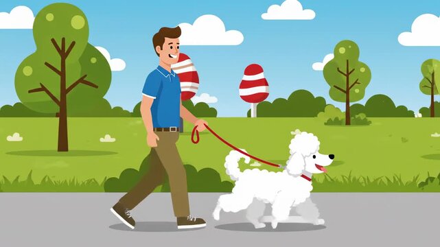 Animated man walking a poodle dog in a park on a sunny day depicting pet ownership and leisurely activity promoting health and wellbeing