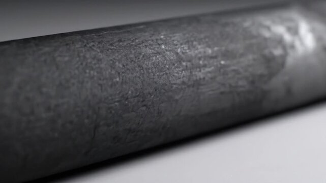 Video of graphite rod detail with dark mineral texture on clean background, industrial material macro and raw carbon element concept for technology branding.