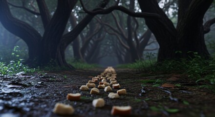 Obraz premium Mysterious Forest Path with Scattered Coins.