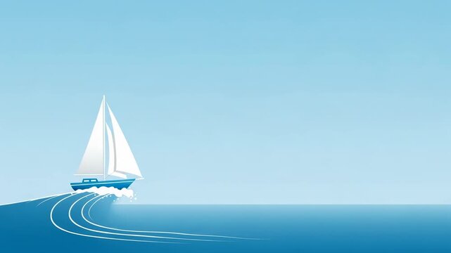 Blue sailboat sailing across calm ocean waves. Vector illustration of vessel moving through water. Sea travel concept for nature background and maritime art.