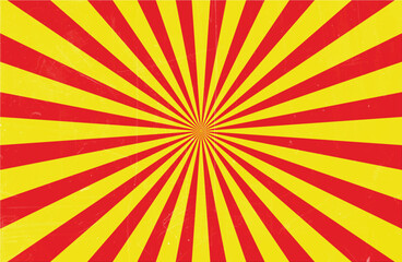 vintage red and yellow radial sunburst background with distressed texture, classic starburst rays pattern for retro pop art designs © 8 Bit Studio