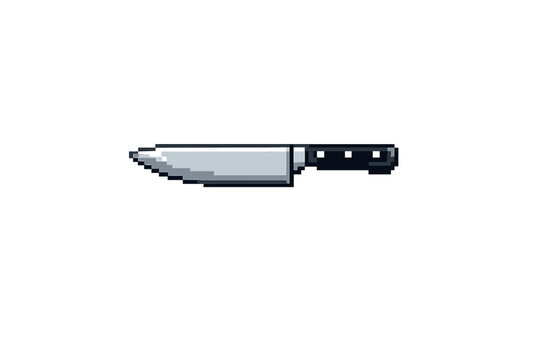 A pixel art illustration of a professional chef's knife featuring a