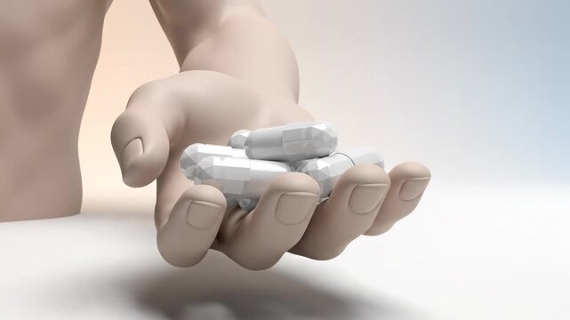 Abstract Dosage Concept inspired by hand-held medication, simplified sculptural hand form in matte neutral tones supporting clean geometric capsule shapes, high-key background with soft gradient