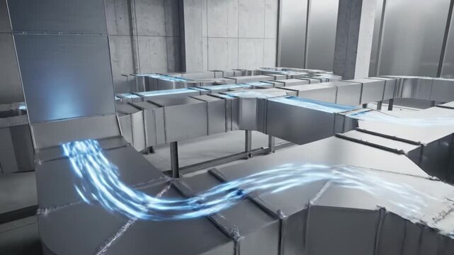 Video Mechanical Ventilation System Interior Cutaway with Dynamic Air Stream Visualization for sustainability campaigns, indoor air quality themes, and technical explainer backgrounds in modern