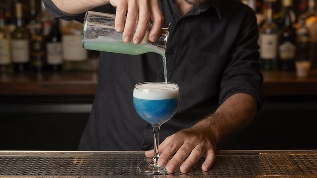 Bartender Mixing a Colorful Cocktail in a Trendy Bar Setting