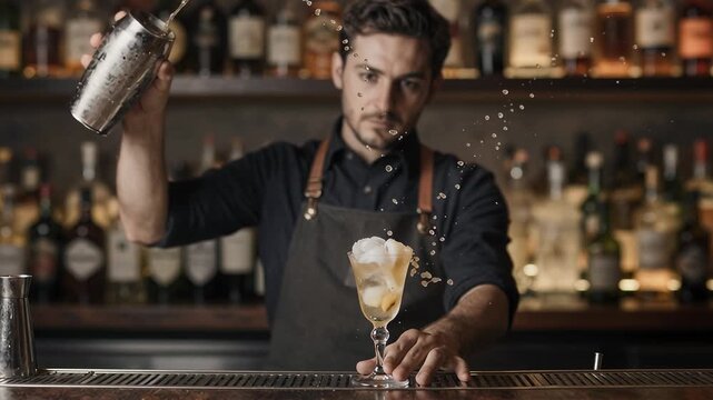 Skilled Male Bartender Crafting a Refreshing Cocktail Behind the Bar