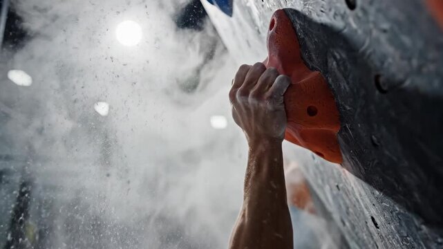 Video of rock climbing hold releasing chalk cloud against a vertical training wall, athletic endurance theme, gym workout environment and adventure sport branding visual.