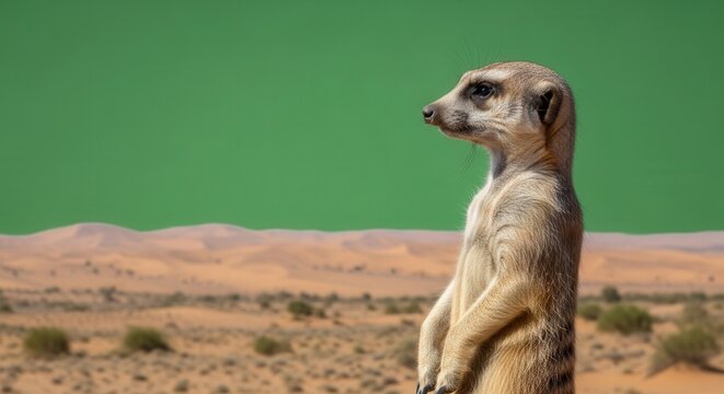 Close-Up of a Curious Meerkat Standing Alert in Desert Landscape