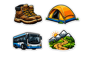 Fototapeta na wymiar A collection of four travel-themed stickers featuring hiking boots, a