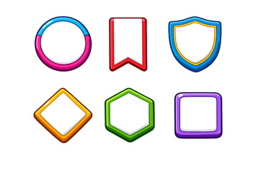 A collection of six colorful game UI frames and badges in various