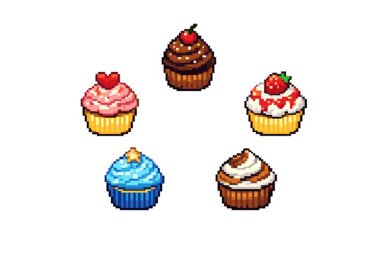 A collection of five pixel art cupcakes featuring various toppings