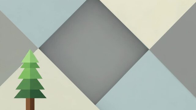 Minimalist pine tree on geometric background. Simple landscape illustration with layered shapes. Abstract nature concept for graphic design and holiday decor.