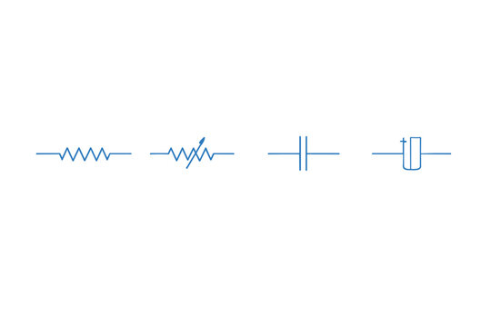 A set of four blue electronic circuit symbols including a resistor