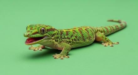 Obraz premium Colorful Green and Yellow Gecko Lizard on Bright Green Background