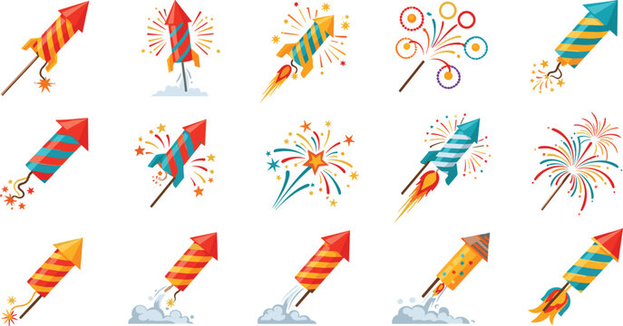 Colorful fireworks rocket icons collection for celebration festival party holiday explosion spark festive vector illustration set
