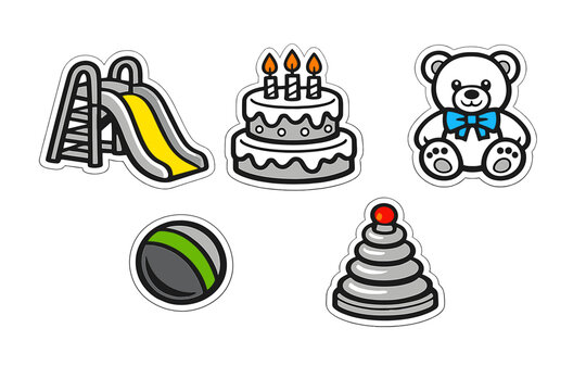 A collection of five vector stickers featuring a playground slide, a