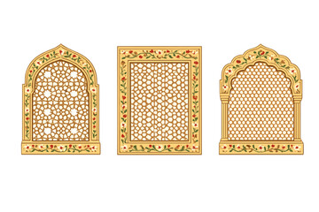 A set of three traditional Mughal style window frames with intricate © icon_art