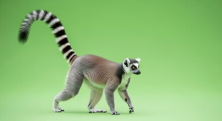 Fototapeta premium Cute Ring-Tailed Lemur Standing On Green Background for Wildlife Photography