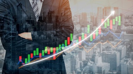 A businessman in a suit stands confidently with arms crossed, overlooking a digital financial graph displaying upward trends against a vibrant city skyline. Copula © InfiniteFlow