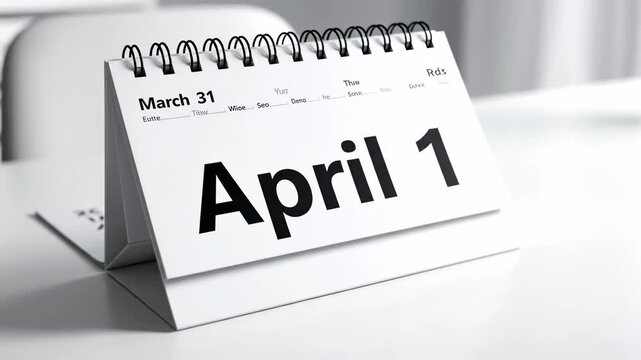 Video of April 1 Calendar Flip &ndash; Date reveal animation, clean white background ideal for holiday promotions, seasonal marketing, and April Fools Day campaign visuals.