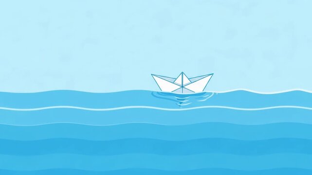 Paper boat sailing across calm blue ocean waves. Minimalist vector illustration of small folded craft traveling on water surface. Cute travel adventure concept.