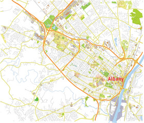 Fototapeta premium Albany Topographic Color Map, New York with Hudson River, Highways and Streets, Editable Vector
