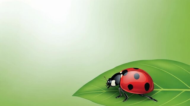 Ladybug walking on a green leaf. Cute illustration of an insect moving across a plant. Nature concept for garden wildlife and spring season decorative design.
