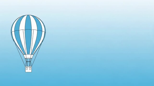 Hot air balloon floating in clear light blue sky. Simple cartoon illustration of travel and adventure. Concept of freedom and exploration for nursery decor.