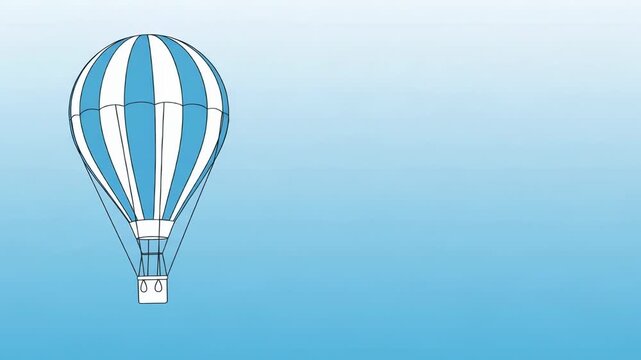 Blue hot air balloon floating across a clear sky. Cartoon illustration of a striped aerostat for children. Travel and adventure concept in the atmosphere.