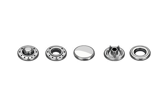 A set of five metallic snap fastener components isolated on a white