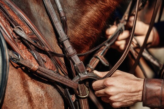 Riders hands adjusting the intricate leather bridle and reins on a brown horse
