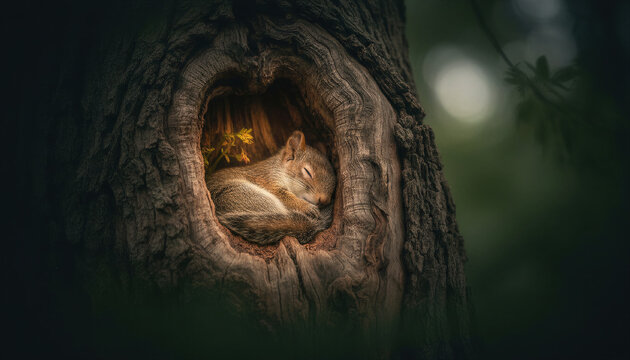 Cute squirrel sleeping in tree hollow nest. Forest wildlife nature animal resting in warm wood trunk habitat.
