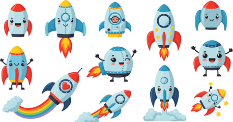 Cute cartoon rocket spaceship characters collection with smiling space shuttle launch vector illustration set for kids © Vactor Itbd