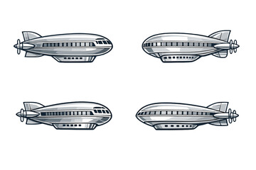 A set of four stylized retro-futuristic airship icons in a metallic © icon_art