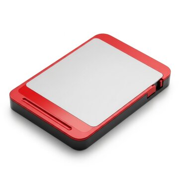 A red and black external hard drive on a white background