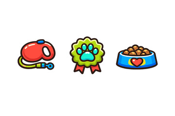 Fototapeta premium A set of three colorful cartoon pet care icons featuring a red