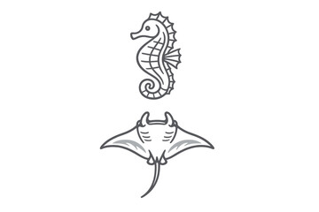 A minimalist vector illustration featuring a stylized seahorse and a © Andrei